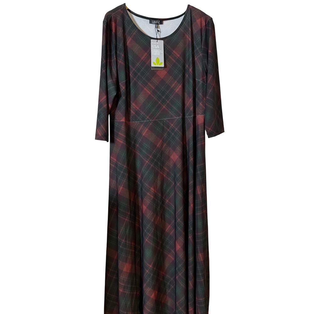 LBISSE Women's Plaid Maxi Dress 3/4‎ Sleeve Made in USA Size 2X